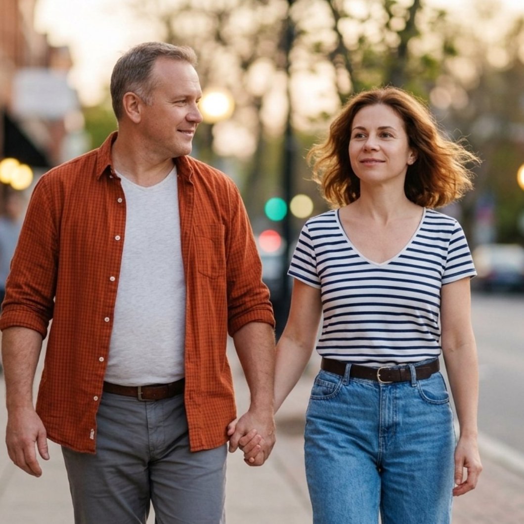 Couple walking through town in the evening